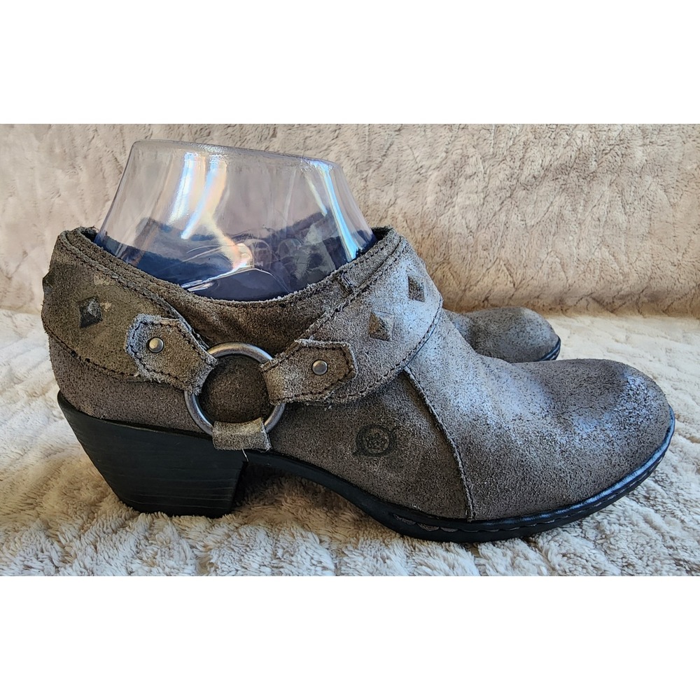 Born Grey Distressed Suede Harness Ankle Booties Side Zip Studded 8M